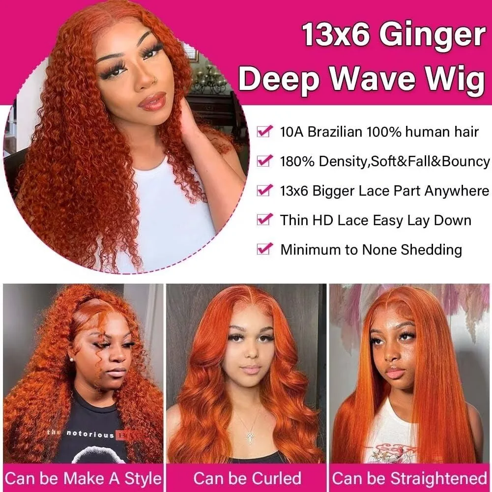 13x6 Orange Ginger Deep Wave HD Transparent Lace Front Wigs Curly Human Hair for Women 200% Density 350# Water Wave Colored Wig