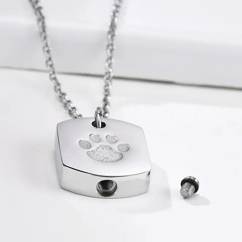 Cremation Jewelry Paw Print Urn Necklace for Ashes for Women Men Memorial Cat Dog Ashes Pendant Square Hang Tag Pendant