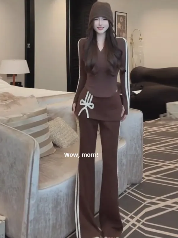 

Spring Seasonal Women's Hot Girl Long Sleeve Set Design Sensual Bell Bottom Pants Outfit Cotton Comfortable Casual Sporty