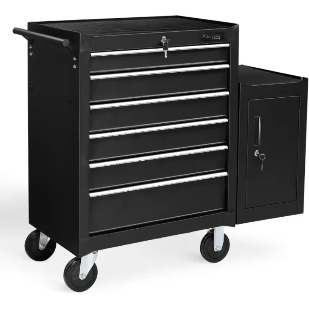 6-Drawer Rolling Tool Chest w/Lock & Key, Tool Storage Side Cabinet with Wheels, Top Cushion & Drawer Liners, Tool Organizer