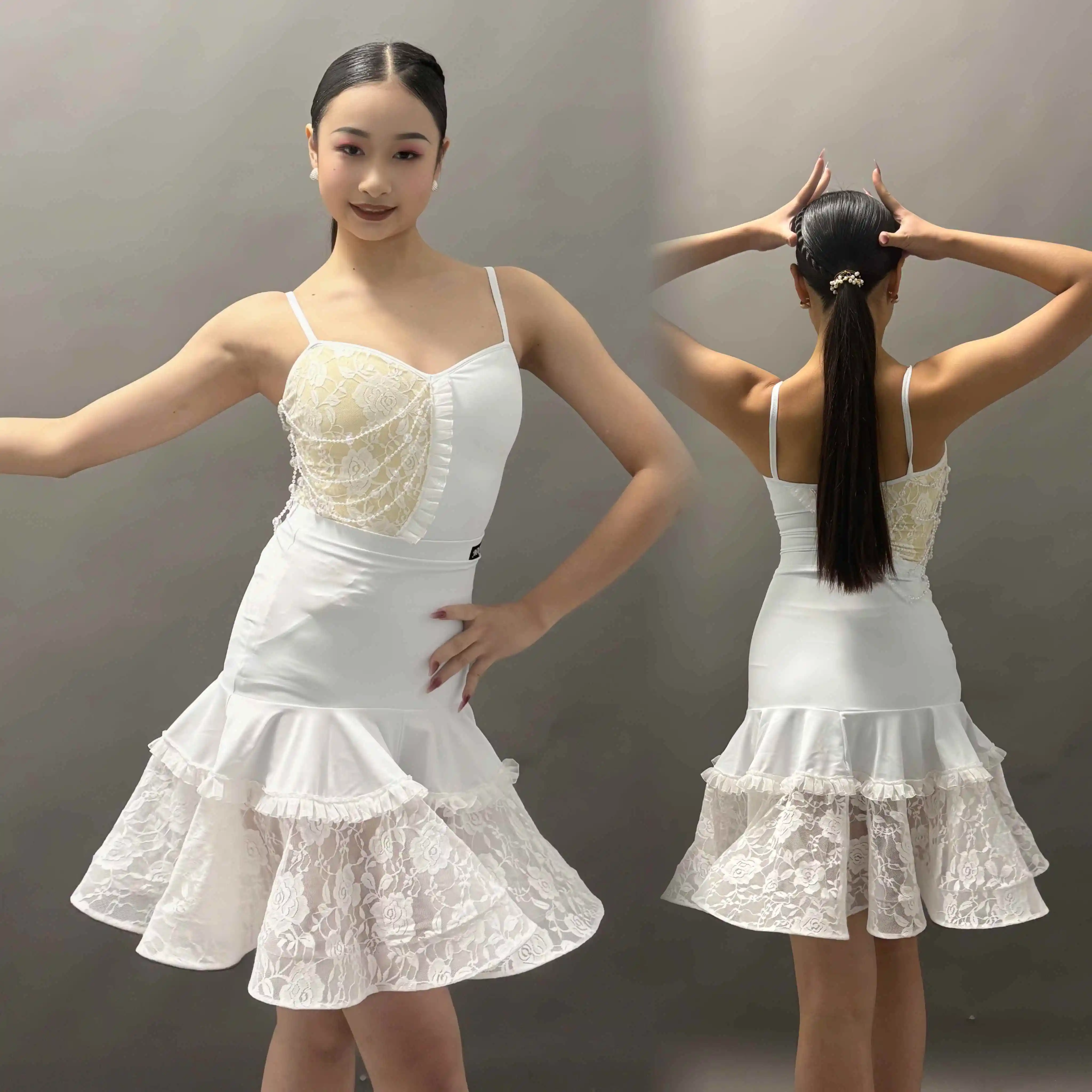 2025 novo vestido de dança latina trajes desempenho split terno feminino alça branca renda saia superior feminino samba roupas dança dn21611
