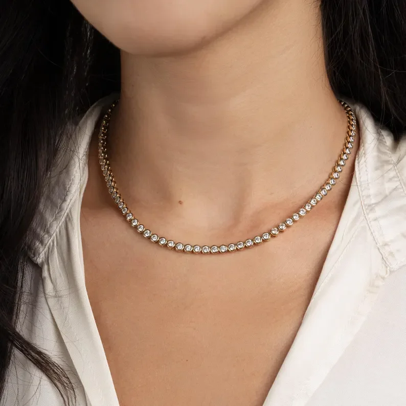 Classic Geometric Round Cubic Zirconia Tennis Necklaces for Women Green White Stone Gold Silver Color Fashion Jewelry for Party