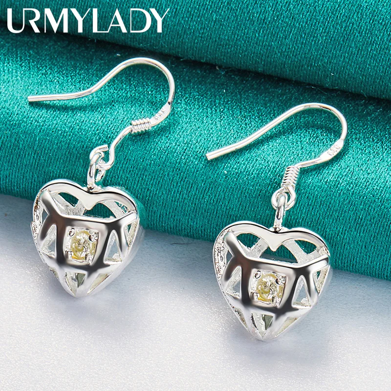 

URMYLADY 925 Sterling Silver Hollow Heart Zircon Earrings For Women Wedding Party Charm Jewelry