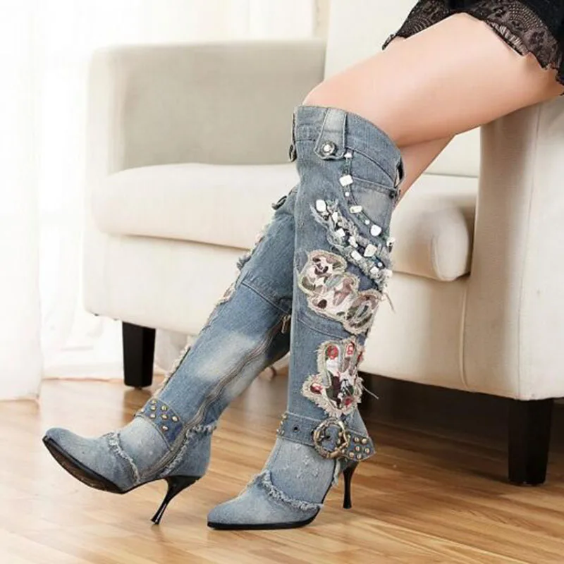 KNCOKAR New Blue Denim Water Wash Knee High  Stiletto Heels Pumps Cowboy Women's Shoes High Heels Jean Knight Boots