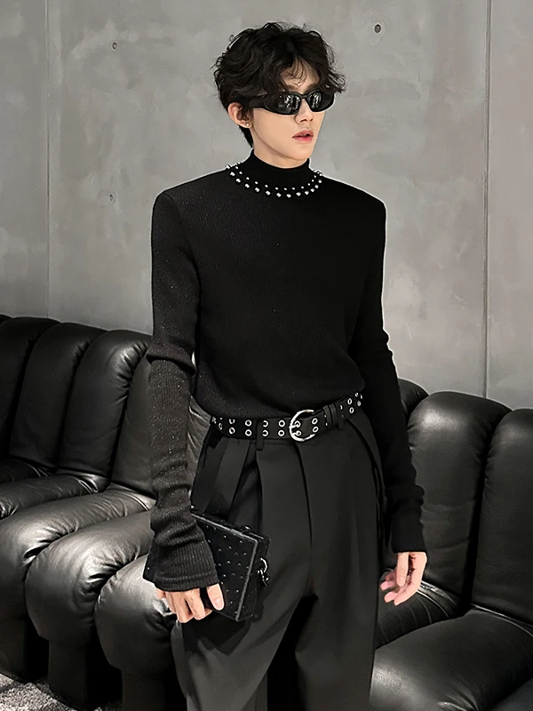 

TANGZ Studio Men's Knitted Long Sve Sweater oulder Pads Faion Brand Base Layer Pearl Embellied f High Collar