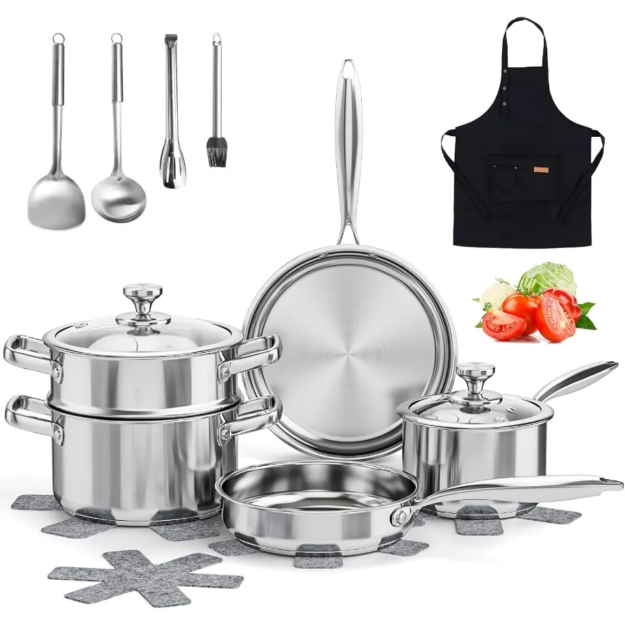 

Stainless Steel Cookware Set 16Piece Pots and Pans Set Non Toxic Kitchen Induction Cookware with Glass Lids Steamer Utensil Set