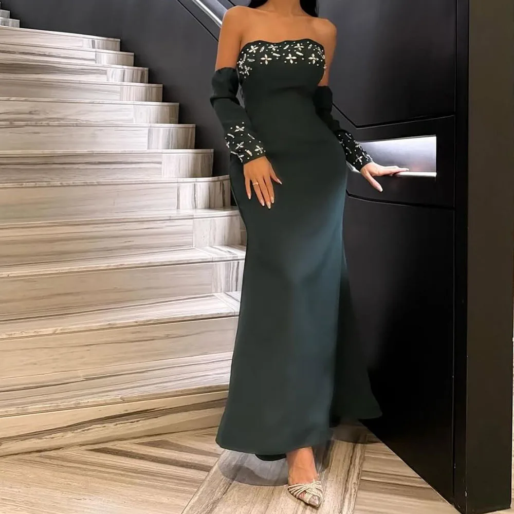 

Customized A-Line Evening Dresses Ankle-Length Strapless Half Sleeve Prom Gown Fashion Crystal Simple Draped Backless Party Gown