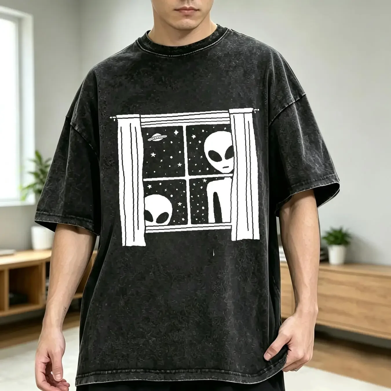 washed T Shirt Alien in Window Weird Ufo Area 51 Roswell UAPs Cryptid Cryptozoology vintage Washed Top For Everyday Wear