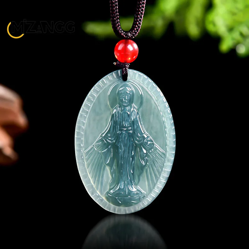 Natural A-goods Jadeite Blue Water Virgin Mary Pendant Hand-carved Exquisite Fashion Jade Necklace for Men and Women Lucky Charm