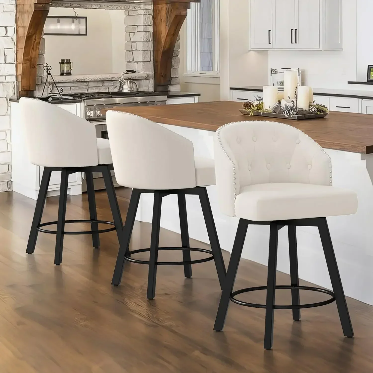 [Limited Time Offer, Buy Now!]Counter Height Bar Stools Set of 3, 26" Swivel Fabric Upholstered Bar Stools, Retro for Kitchen Is