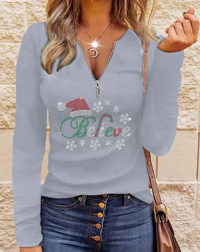 Fashion Woman Blouse 2023 Spring Christmas Hat Letter Rhinestone Decor Zipper Fly Casual Round Neck Long Sleeve Skinny Tee Top