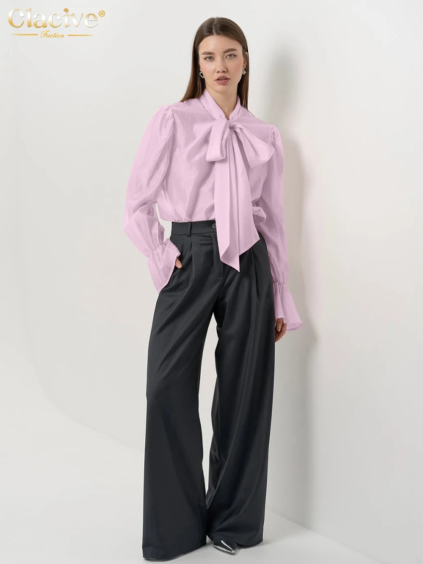 Clacive Sexy Loose White Women's Shirt 2026 Fashion Bow Collar Long Sleeve Shirts Elegant See Through Solid Top Female Clothing