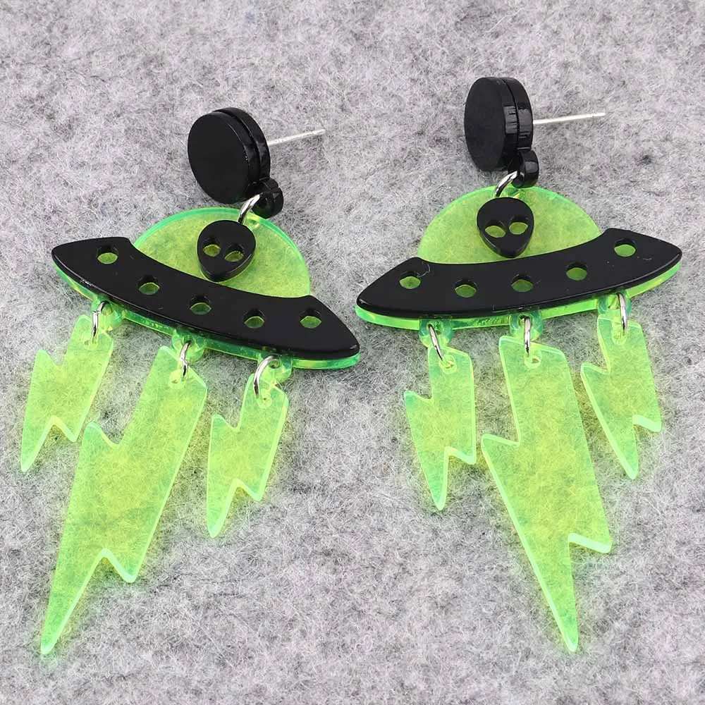 Neon Green UFO Alien Spaceship Acrylic Halloween Earrings for Women Funny Lightning Bolt Tassel Long Drop Earring Jewelry Gifts