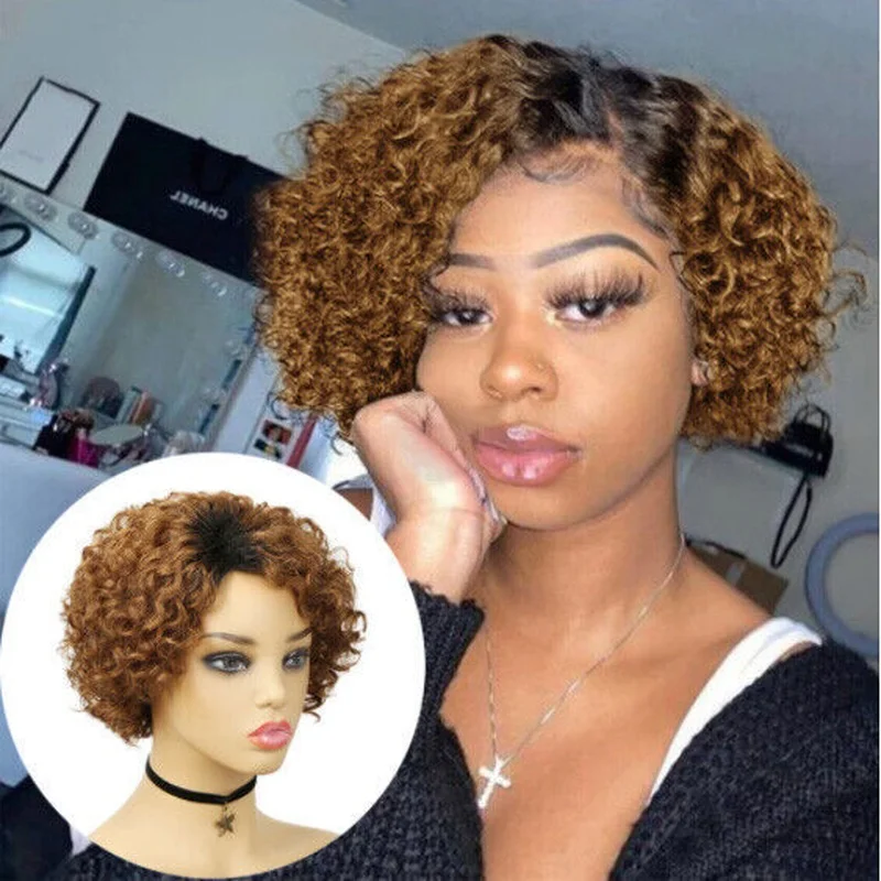Women Afro Curly Short Wigs Brown Dark Roots Natural Wig US
