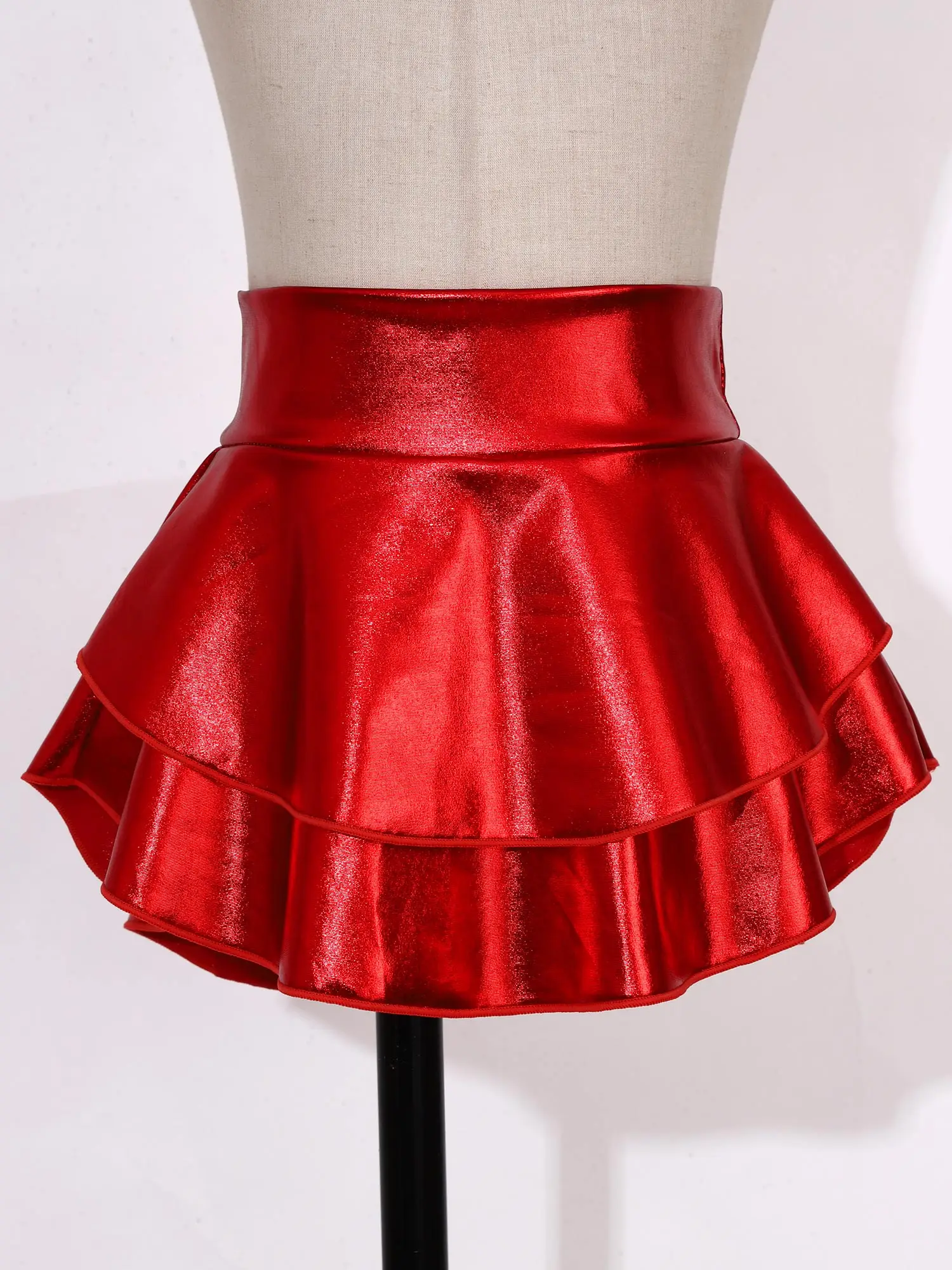 Kids Girls Metallic Pleated Skirt High Waist Double-layer Ruffled Skirt for Modern Street Skater Scooter Dance Stage Performance