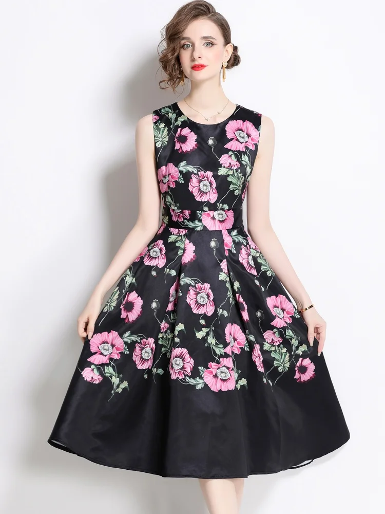 SMTHMA Nuove donne estive Stampa O-Collo senza maniche Abito lungo casual Moda Slim Fit Beach Party Abiti da sera