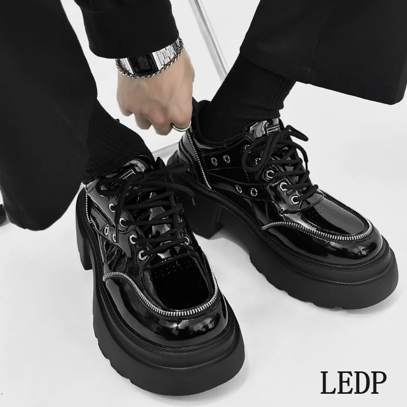 LEDP-zapatos de tablero negros para hombre, calzado de suela gruesa, cabeza grande, punta redonda, estilo Derby, tendencia Retro