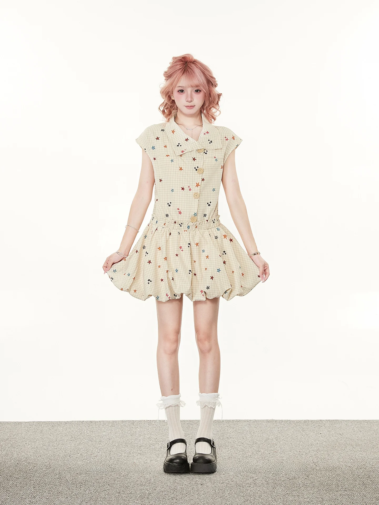 Korean Design Star Print Summer Dress Women's Flounce Sleeve A-Line Short Skirt Slimming Casual Print Dress Fly Sleeve