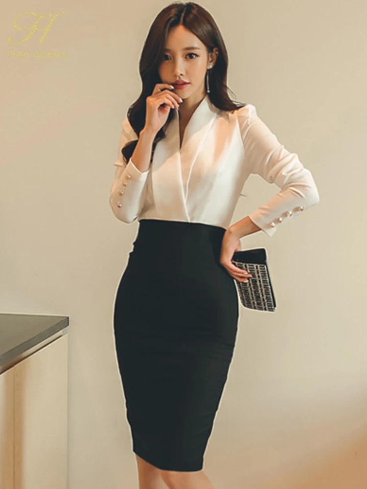 H Han Queen Hot sale Autumn Black White Stitching Office Sheath Bodycon Pencil Dress High Waist Chic Party Women's Dresses