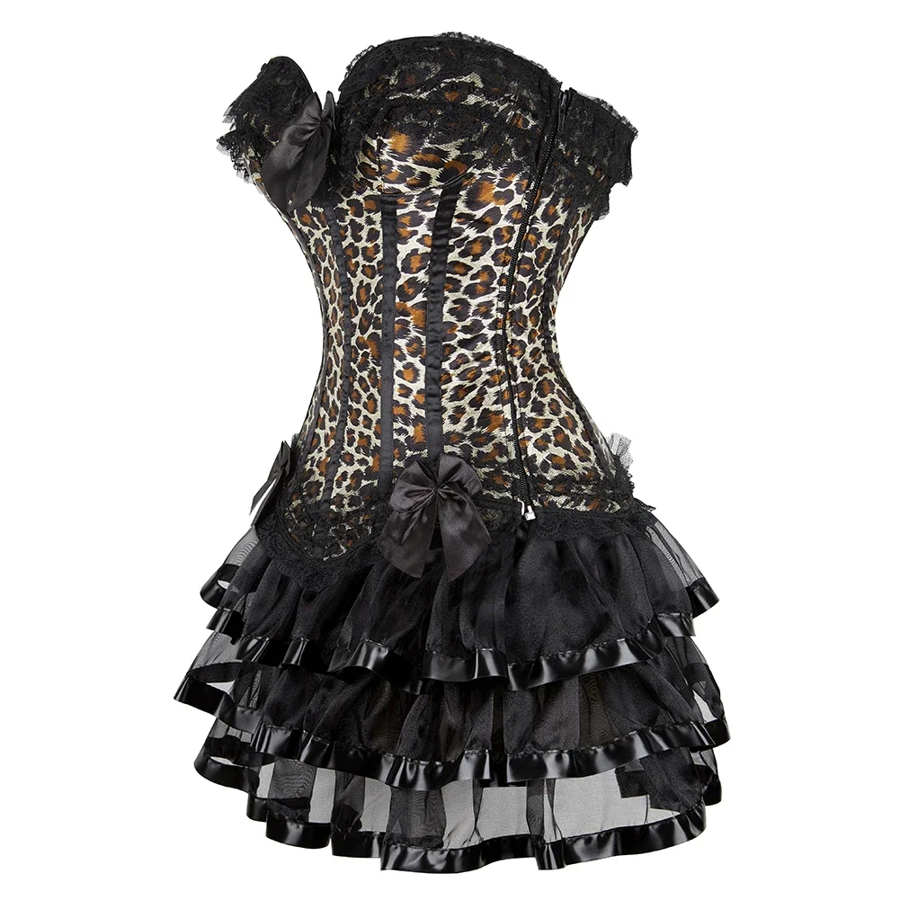 Sexy Satin Lace Leopard Overbust Corset Lingerie Top Vintage Bustier With Mini Tutu Skirt Victorian Striped Corset Dress Gowns