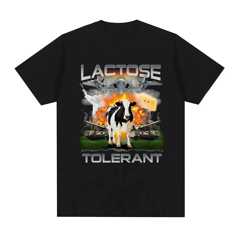 Lactose Tolerant Graphic Print T-Shirt Men's Vintage Fashion Short Sleeve T-shirts 100% Cotton Casual Cozy Oversized T Shirts