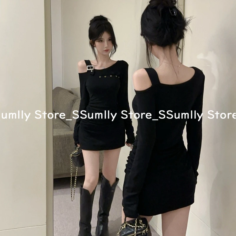 Chic Pleated Slanted Shoulder Hip Dress Female Hottie Dark Slim Waist Cut Out Long Sleeve Dresses Y2k Black Casual Clothes 2025