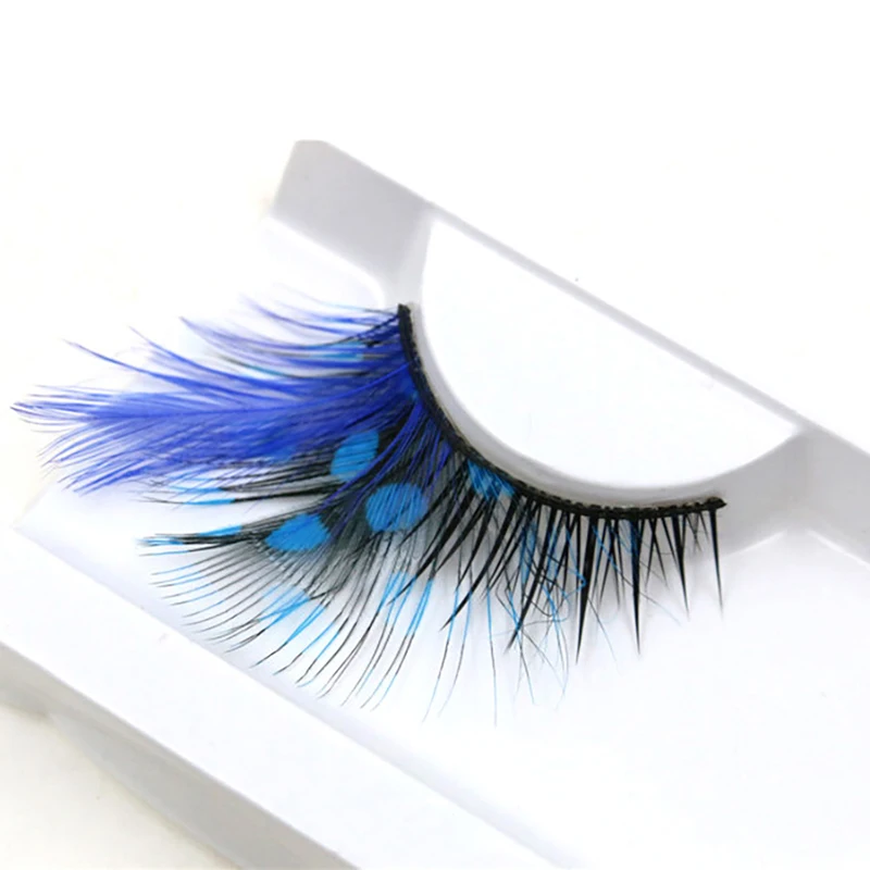 1 Pair Handmade False Eyelashes Color False Eye Lashes Blue Dot Thick Feather False Eyelashes for Eye Performance Party Makeup