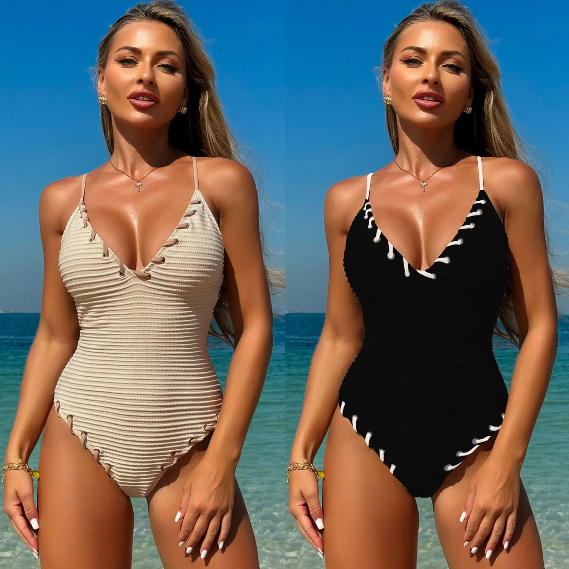 

New Sexy Solid Color One-piece Bikini Beach Women's Swimsuit Black Eyes
