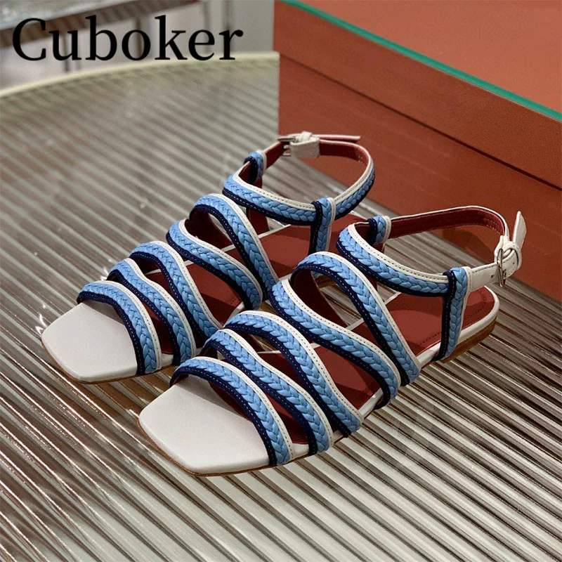 

Summer Brand Designer Flat Braid Women Sandals Flat Heels Ladies Slides Peep Toe Hollow out Narrow Band upper Shoes Woman mujer