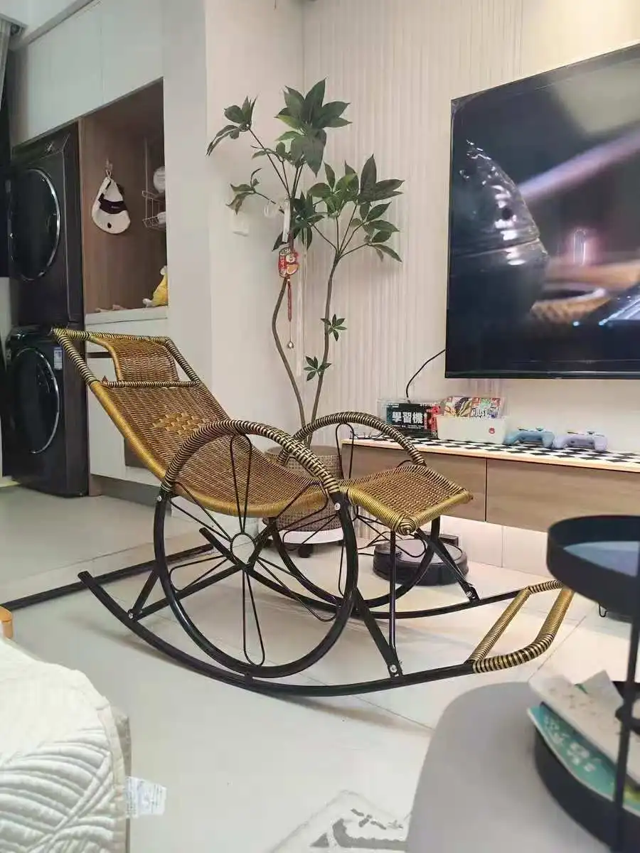 Ergonomic PE Rattan Rocking Chair Reclining Outdoor Garden Patio Indoor Living Room Lounge Chair Handwoven Carbon Steel Frame image 2