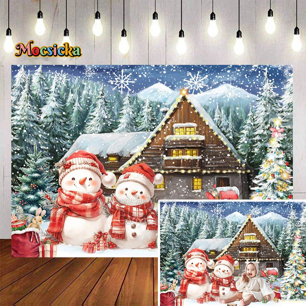 

Christmas Snowman Cartoon Photography Background Wallpaper Pine Forest Wooden House Snowflake Backdrop Kid Winter Birthday Decor