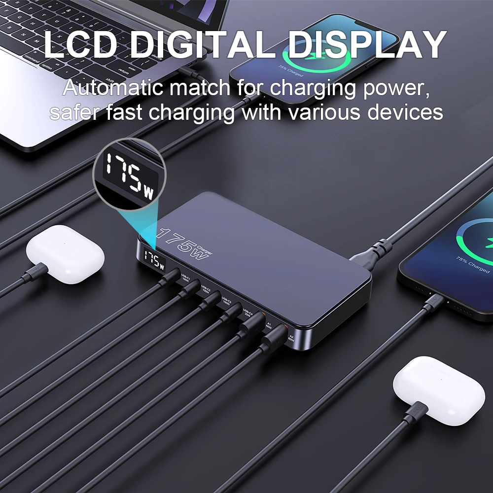 شاحن Ueetop 175 واط شاحن USB C GaN بشاشة LED 6 منافذ شاحن سطح المكتب من النوع C PD 100W PPS 45W للشحن السريع لجهاز MacBook Samsung iPhone