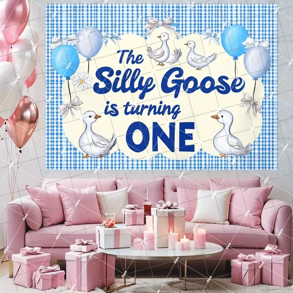 One Silly Goose تحول موضوع واحد الطفل 1st حفلة عيد ميلاد ديكور الكرتون ليتل أوزة إكليل الوردي منقوشة ربطة القوس فيونكة خلفية الدعائم