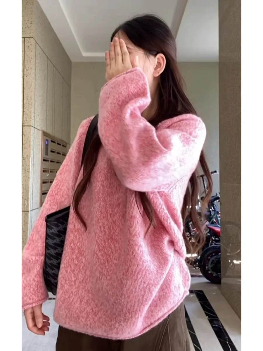 Pull rond rose Ne pour femme, ample, paresseux, haut tricoté, haut de gamme, automne hiver, décontracté, confortable