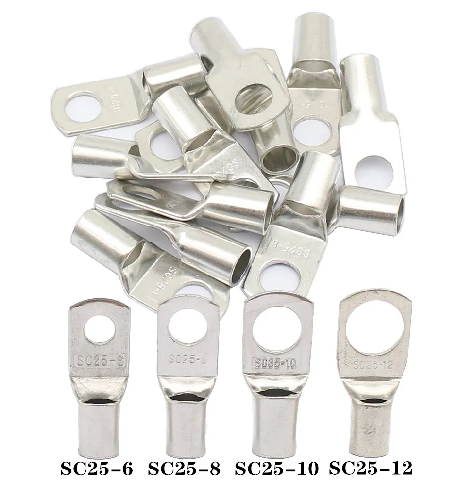 10PCS/5PCS SC25-6 25-8 25-10 25-12 Copper Cable Lug Kit Bolt Hole Tinned Cable lugs Battery Terminals copper nose Wire connector