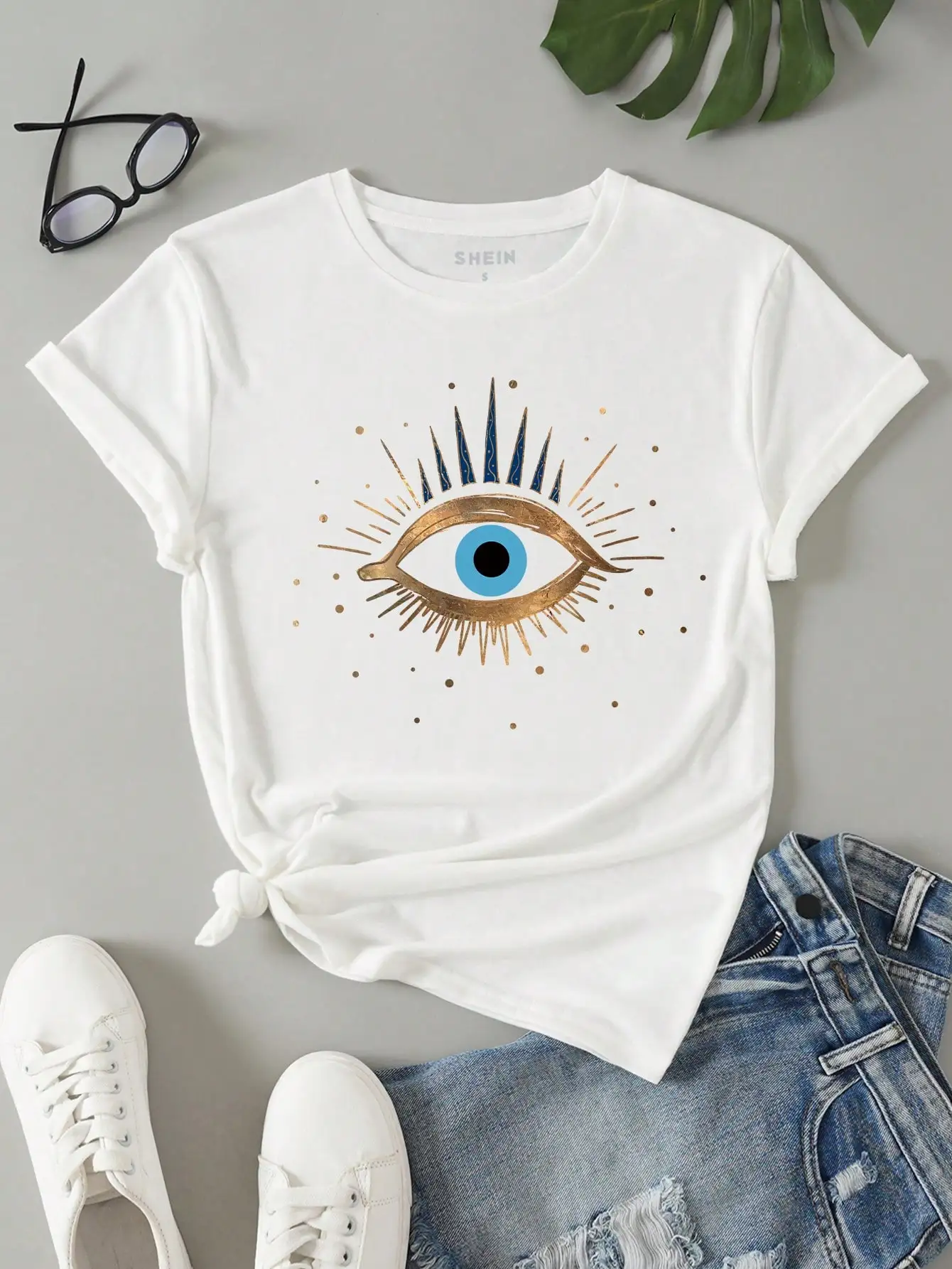 Camiseta de manga corta con estampado de ojos para mujer