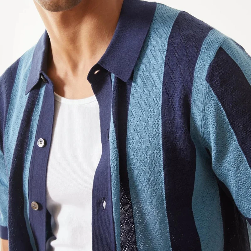 2024 Summer New Casual Knitting Shirt For Men Vintage Striped Patchwork Knit Cardigan Mens Tops Leisure Breathable Hollow Shirts