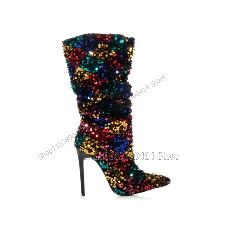 

Colorful Blings Decor Pointed Toe Boots Mid Calf Slip On Women Shoes Thin High Heels Novel Fashion Sexy 2023 Zapatos Para Mujere