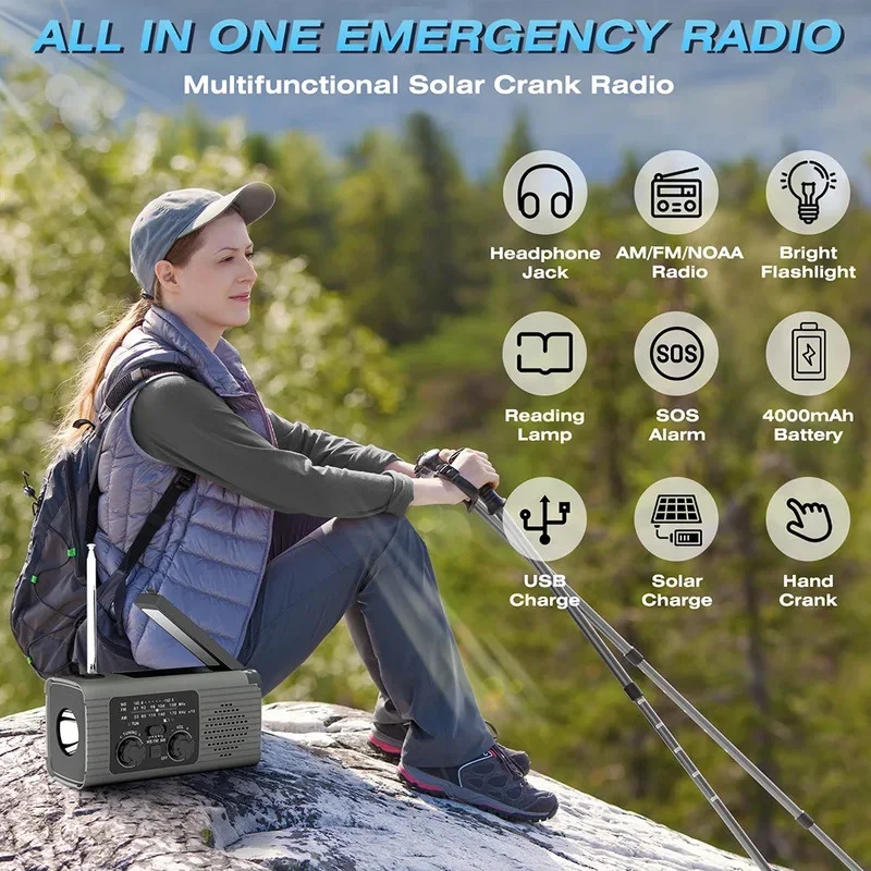 Emergency Weather Radio 4000mAh Solar Hand Crank Portable AM/FM/NOAA with Flashlight & Reading Lamp SOS for Home and Outdoor ﻿