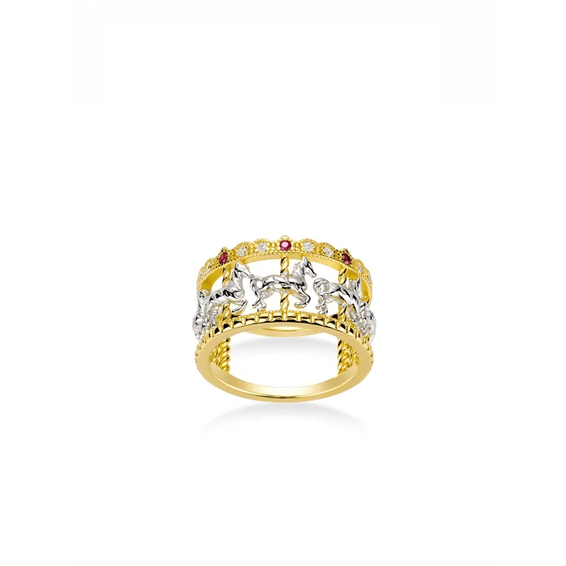 

Bellux 925 Silver Gold Plated Synthetic Zircon Ring Golden Hollow Horse Shape Carousel Luxury Wide Edition Ring