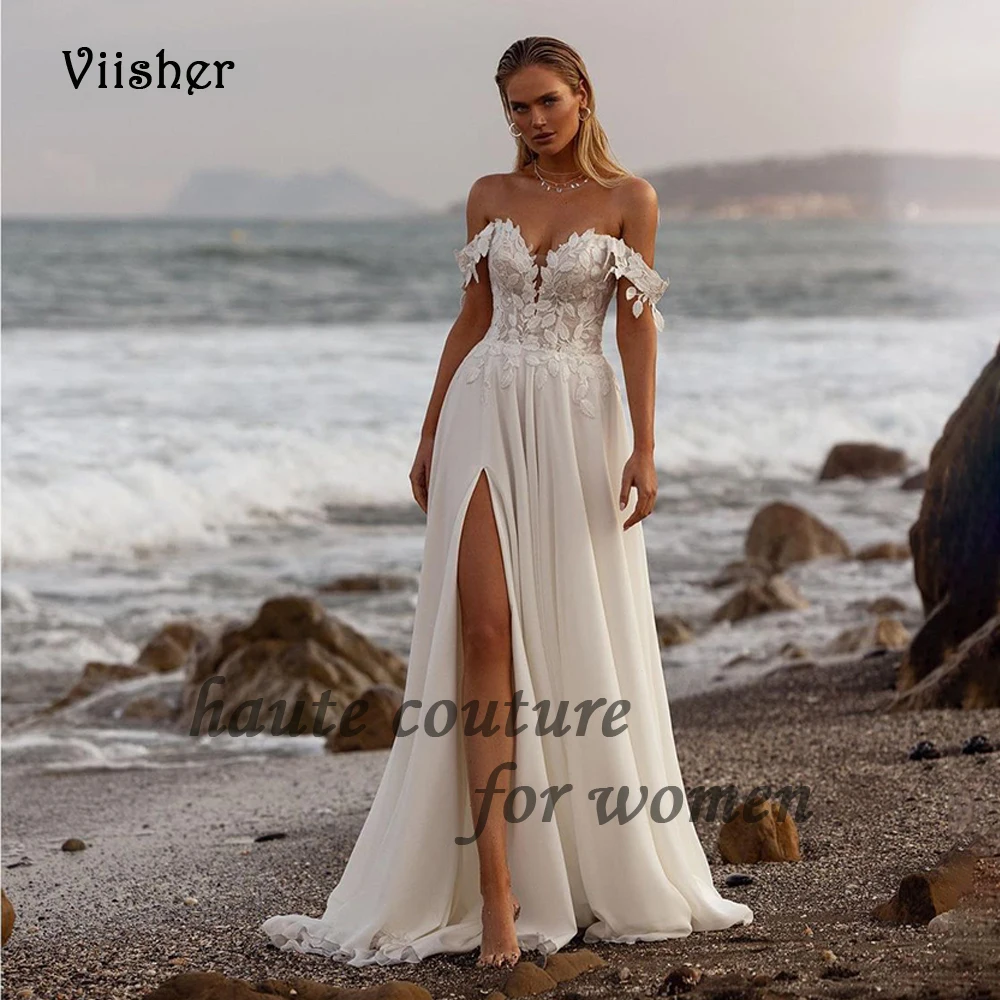 

Beach Wedding Dresses for Bride Off Shoulder Flower Appliques Chiffon Long Bridal Gowns with Slit Train Boho Wedding Gowns