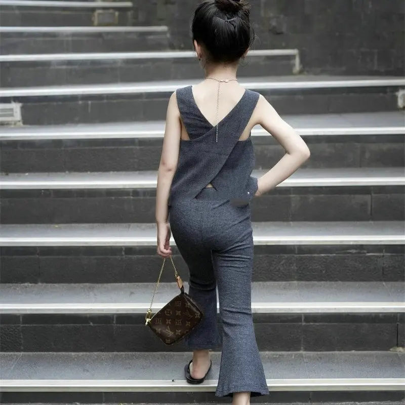 

Girls' outfit with backless sleeveless top and bell-bottom pants2026New summer children's clothing wholesale3-10Years Old