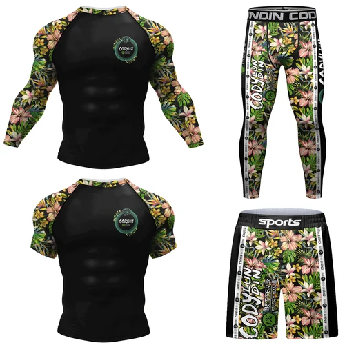Ropa Deportiva de natación para hombre, traje de manga larga Rashguard + Pantalones cortos, protección solar Uv, camisetas de surf, ropa de playa con estampado de flores