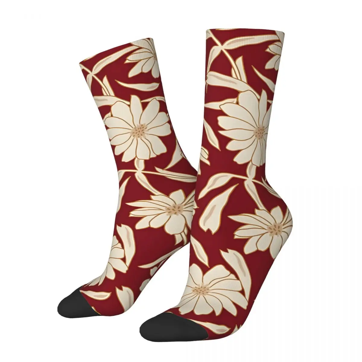 Cream Flowers On Burgundy Men's Socks Retro Harajuku Street Style Novelty Seamless Crew Sock