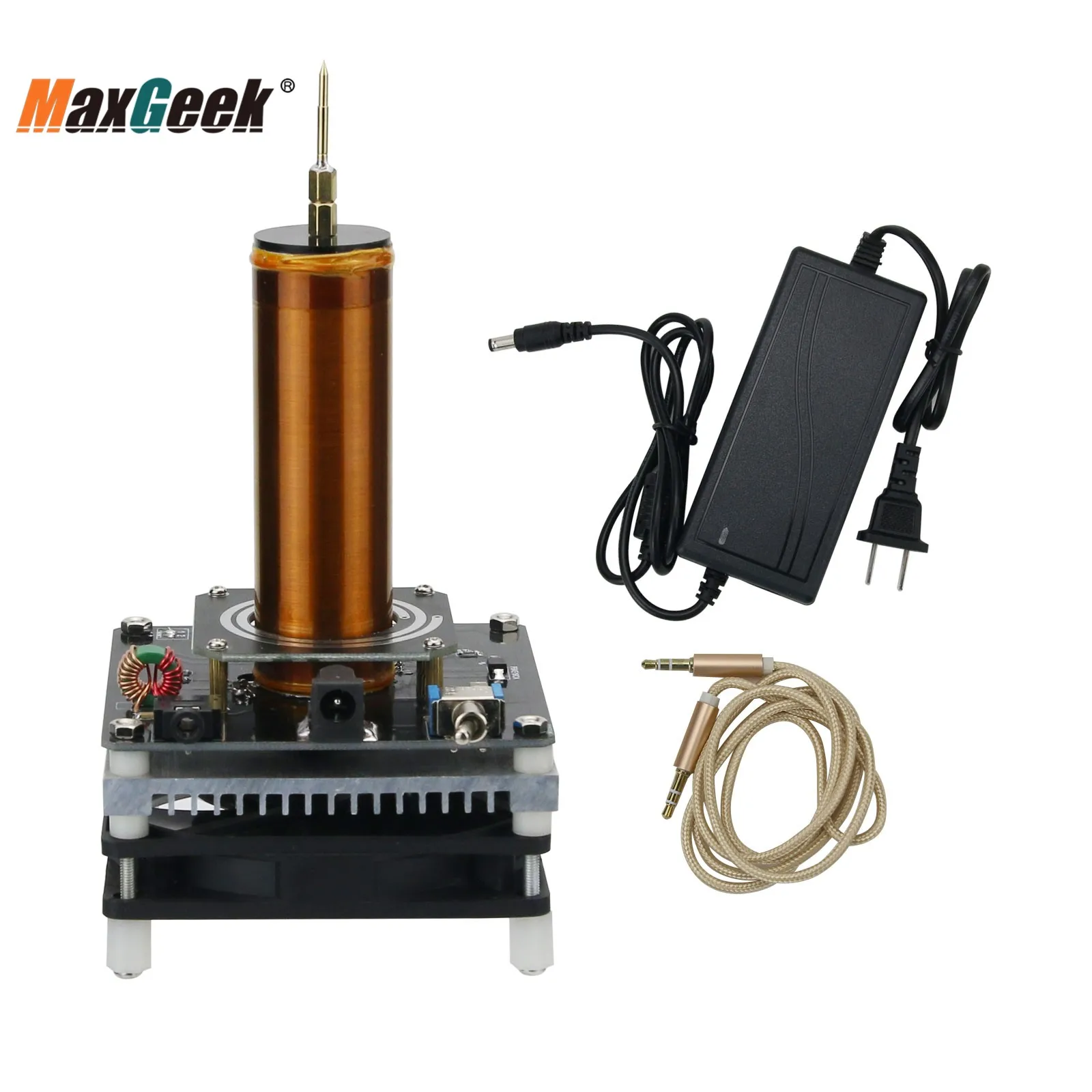 Maxgeek DIY Mini Tesla Coil Music 3.5MM Audio Input Support Cellphone Play Music 24V Fan Quiet Operation