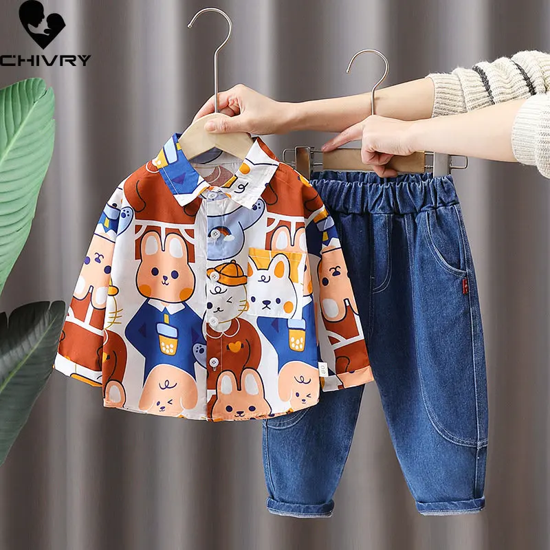 Neue 2023 Jungen Kleidung Sets Frühling Herbst Kinder Mode Cartoon Revers Shirts mit Jeans Baby Boy Casual Kleidung Zwei-stück Sets