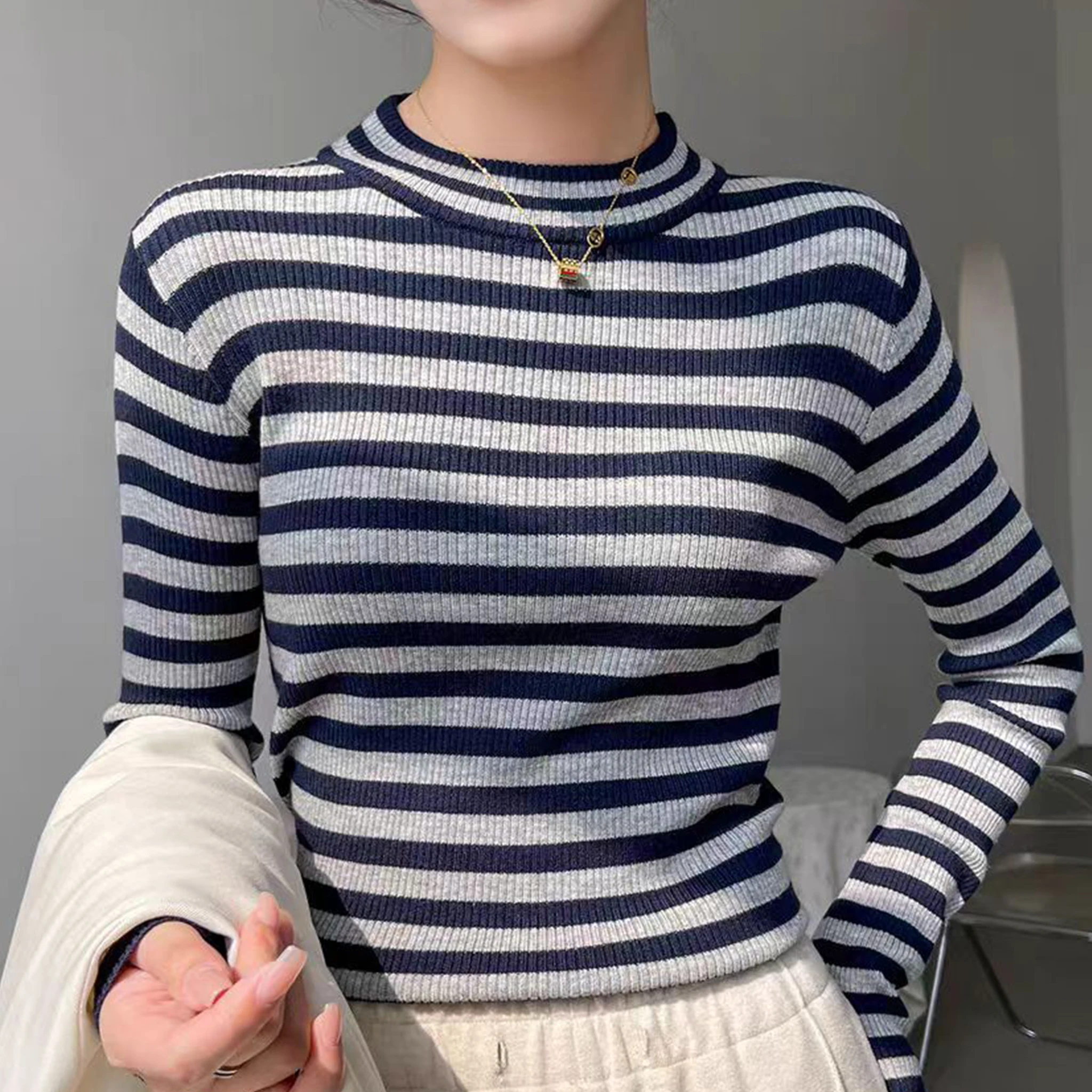 

Vintage Style Sweaters Y2K Tops Clothes Cottage Striped Rib Knitted Women Long Sleeve Casual Basic Tees Pullovers 2025 Autumn