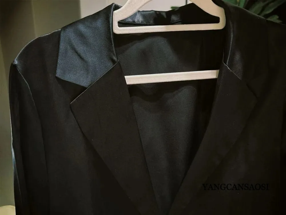 Women's Clothing Heavy 26MM 100% Natural Mulberry Silk Satin Black Commuting Fashionable One Button Office Long Sleeved Suit