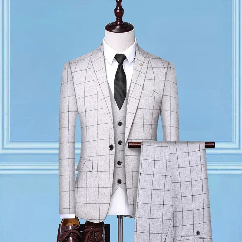 Boutique (Blazer + Vest + Trousers) Fashion Business Casual Gentleman Men\'s Italian Style Elegant Plaid Slim Formal 3-piece Suit