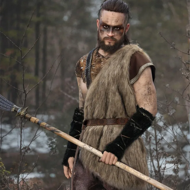 Medieval Faux Fur Vest Brown Fuzzy Waistcoat LARP Eskimo Costume with Belt Single-sleeve Waistcoat Design for Halloween view 6
